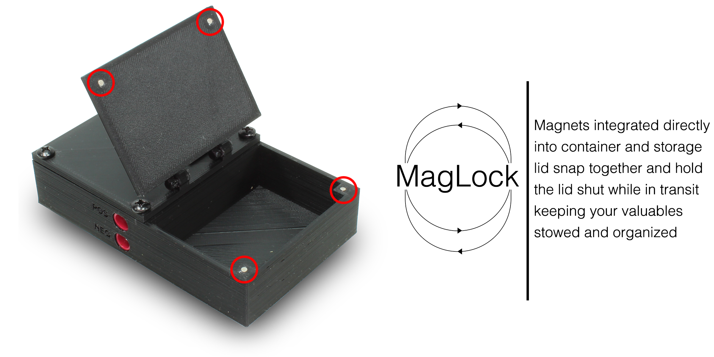 Magnets hold the storage lid of the DECKED LED light system shut.